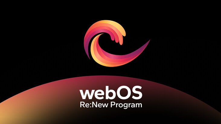 webOS Re:New Program-logotyp visas mot en mörk bakgrund.