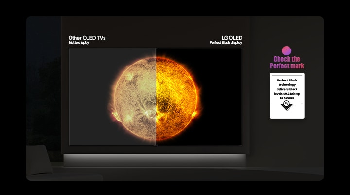 LG OLED AI B6E visar en delad bild av solen som jämför en matt anti-glare-skärm med sin Perfekt svart-skärm för tydligare bildkvalitet oavsett belysning med stöd av en synlig Perfekt svart-certifiering från UL.
