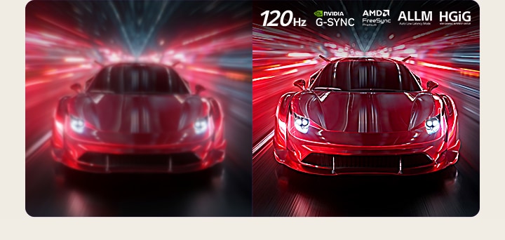 LG OLED AI B6E för en superjämn spelupplevelse utan tearing visar ett höghastighetsracingspel i rörelse med en visuell jämförelse som lyfter fram jämna 120 Hz-rörelse med NVIDIA G-SYNC, AMD FreeSync, ALLM och HGiG-logotyper högst upp.