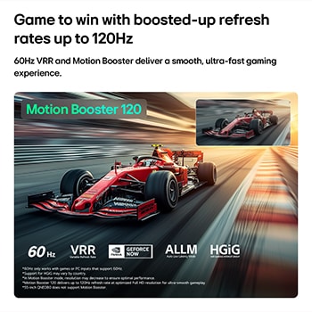 LG QNED evo AI QNED80 Mini LED for Ultimate Gameplay visar en racingscen i hög hastighet med en infogad jämförelse som lyfter fram mjukare rörelser med Motion Booster 120 samtidigt som den stöder 60 Hz, VRR, AMD FreeSync, ALLM, HGiG och GeForce NOW.