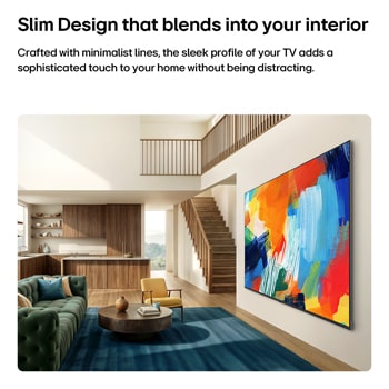 LG QNED evo AI QNED80 Mini LED med en Slim Design är väggmonterad i ett ljust, öppet vardagsrum, med en elegant profil som smälter sömlöst in i interiören samtidigt som den visar ett levande, färgglatt abstrakt konstverk.