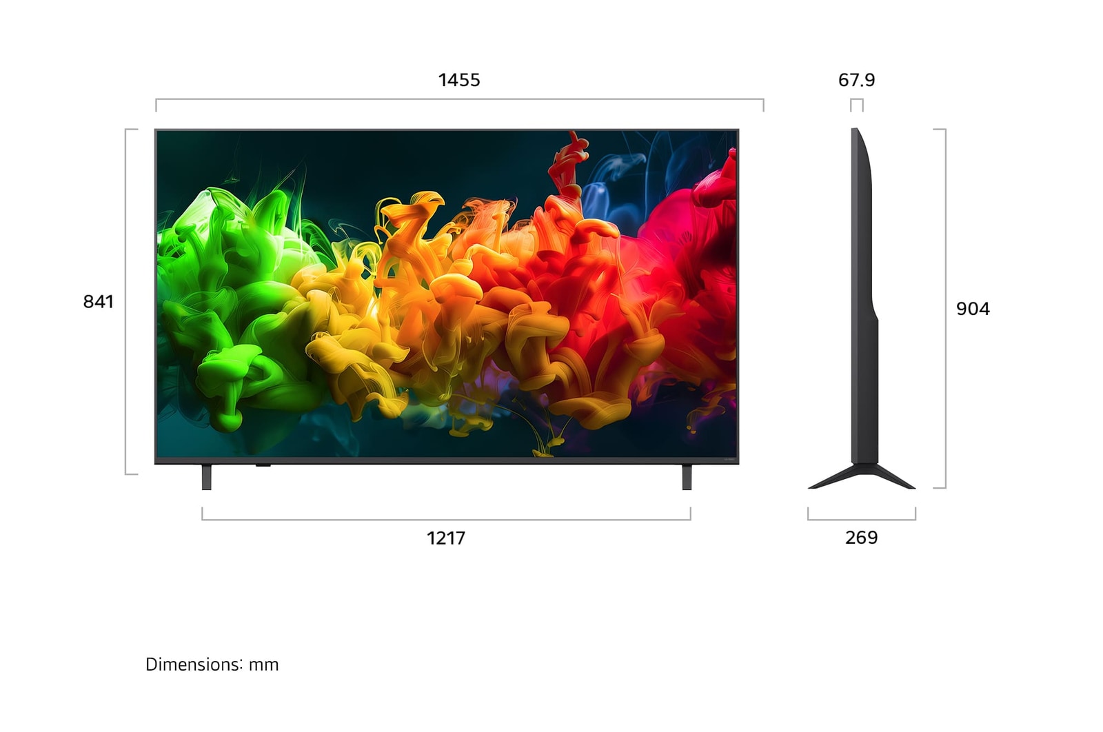 LG QNED evo AI QNED80 Mini LED visas framifrån och från sidan och lyfter fram en 65-tums skärm med en bredd på 1 455 mm, skärmhöjd på 841 mm, höjd med stativ på 904 mm, ett profildjup på 67,9 mm och ett stativavtryck på 1 217 x 269 mm.