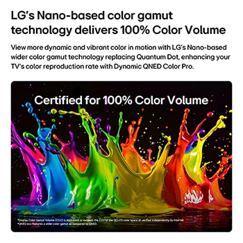 LG QNED evo AI QNED80 Mini LED med Dynamic QNED Color Pro fyller skärmen med intensiva, flytande skurar av mångfärgade, målarfärgsliknande rörelser som lyfter fram förbättrad färgintensitet certifierad för 100 % färgvolym.