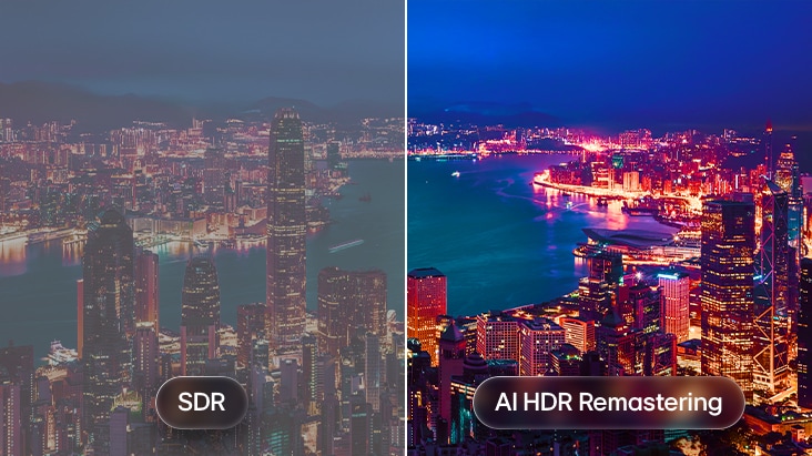 LG QNED evo AI QNED82 Mini LED med AI HDR Remastering visas i en delad jämförande bild av ett stadslandskap, med SDR till vänster och AI HDR Remastering till höger, som visar ljusare stadsljus, djupare kontrast och mer levande detaljer över hela bilden.