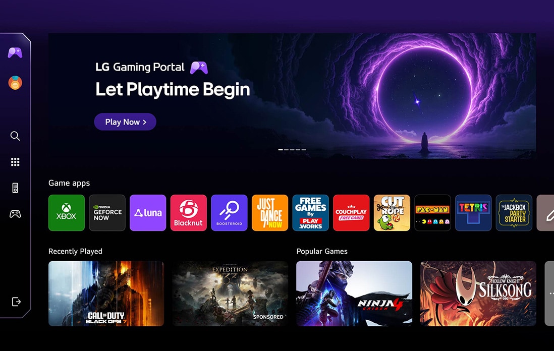 LG QNED evo AI QNED82 Mini LED har LG Gaming Portal med en spelhubblayout som kombinerar innehåll och spelpaneler i ett enhetligt gränssnitt som expanderar för att ge tillgång till Xbox Cloud Gaming, GeForce NOW och webOS-spelappar.