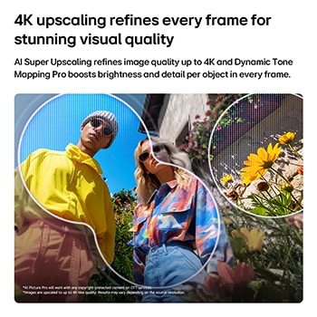 LG QNED evo AI QNED82 Mini LED med AI Picture Pro och Dynamic Tone Mapping Pro visar en utomhusscen i låg vinkel med två personer bland färgstarka blommor, medan AI känner igen och skalar upp varje bildruta till 4K för tydligare textur och detaljer.