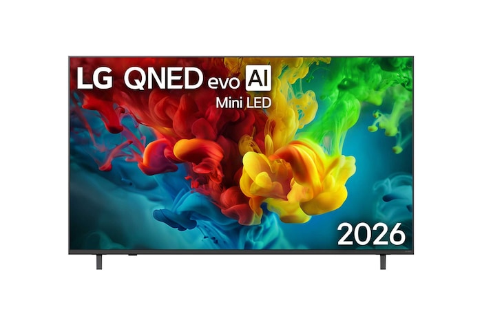 Vy framifrån av LG QNED evo AI QNED82 Mini LED, som släpptes 2026, fyller skärmen med intensiva, flytande skurar av mångfärgade, målarfärgsliknande rörelser medan rikt skiktade moln av färg sprids jämnt över skärmen.
