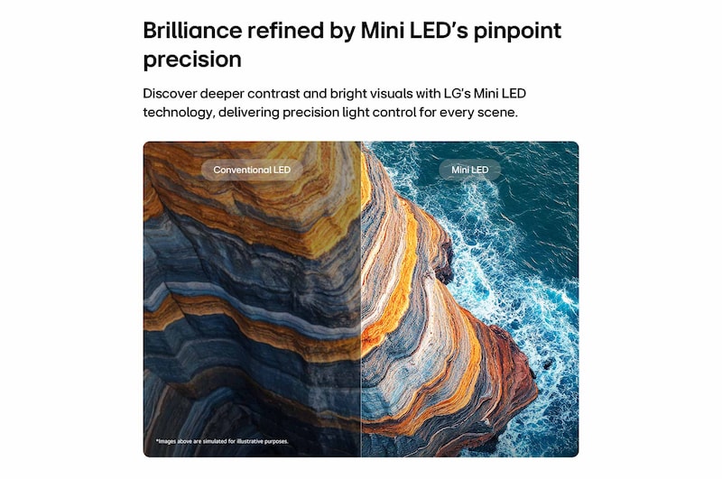 LG QNED evo AI QNED82 Mini LED belyser hur dess Mini LED visar skarpare klippstrukturer och tydligare havsdetaljer än konventionell LED i en delad kustklippscen, med djupare svärta och mer raffinerad kontrast för större klarhet och djup.