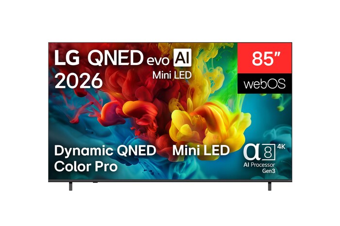 Vy framifrån av LG QNED evo AI QNED82 Mini LED, som släpptes 2026, visar intensiva, flytande skurar av täta moln av färger på skärmen, med Dynamic QNED Color Pro, Mini LED, en alpha 8 AI Processor 4K Gen3, webOS och en 85-tums skärm.