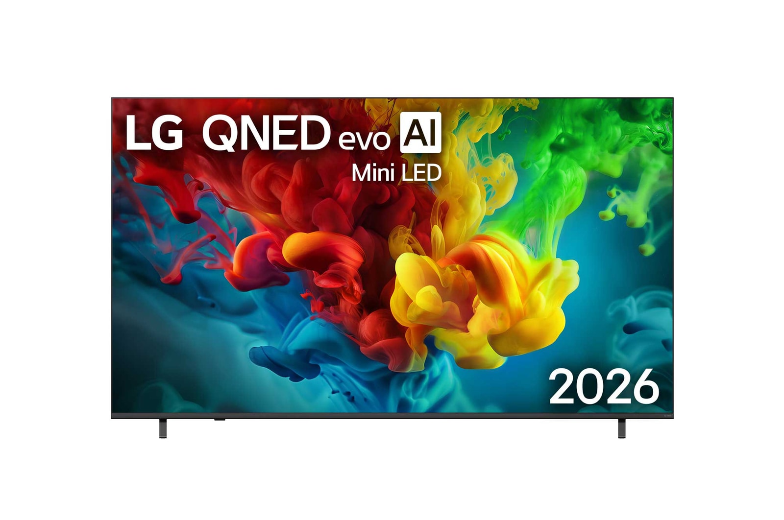 Vy framifrån av LG QNED evo AI QNED82 Mini LED, som släpptes 2026, fyller skärmen med intensiva, flytande skurar av mångfärgade, målarfärgsliknande rörelser medan rikt skiktade moln av färg sprids jämnt över skärmen.