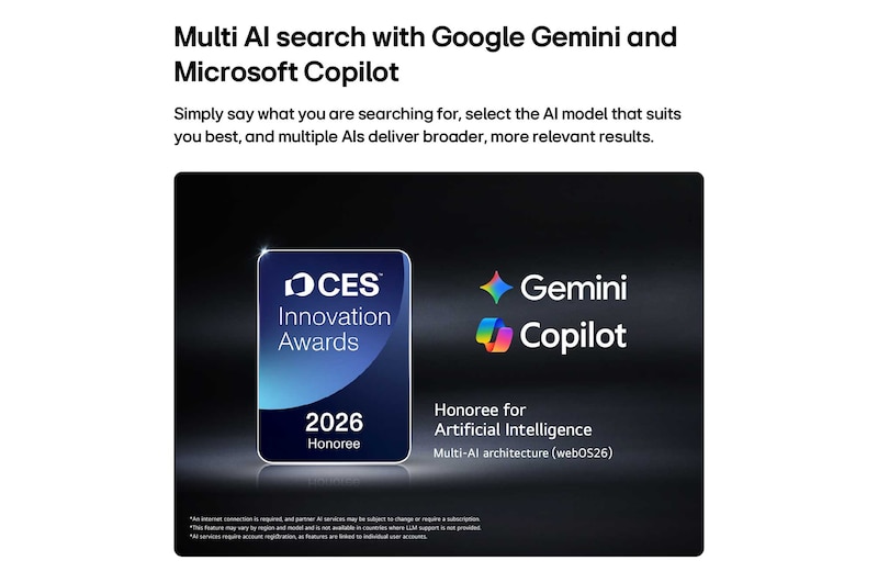 2026 CES Innovation Awards Honoree-märket i kategorin Artificial Intelligence uppmärksammar Multi-AI-sökning med Google Gemini och Microsoft Copilot.