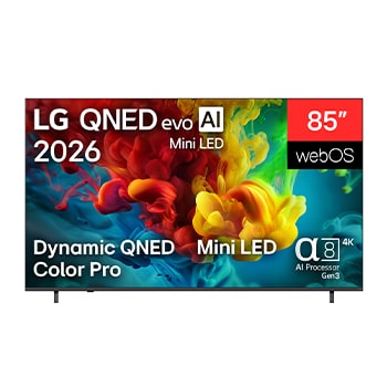 Vy framifrån av LG QNED evo AI QNED82 Mini LED, som släpptes 2026, visar intensiva, flytande skurar av täta moln av färger på skärmen, med Dynamic QNED Color Pro, Mini LED, en alpha 8 AI Processor 4K Gen3, webOS och en 85-tums skärm.