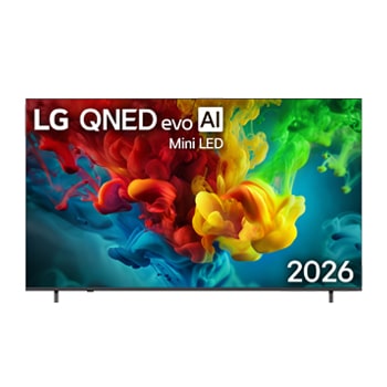 Vy framifrån av LG QNED evo AI QNED82 Mini LED, som släpptes 2026, fyller skärmen med intensiva, flytande skurar av mångfärgade, målarfärgsliknande rörelser medan rikt skiktade moln av färg sprids jämnt över skärmen.