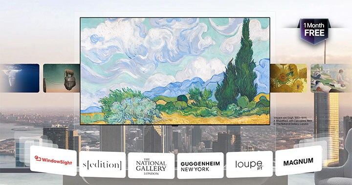 LG ART TV med LG Gallery+ visar kurerade konstverk i en heminredning, med Vincent van Goghs "A Wheatfield, with Cypresses" i mitten, tillsammans med referenser till partnermuseer och meddelandet "1 månad gratis".