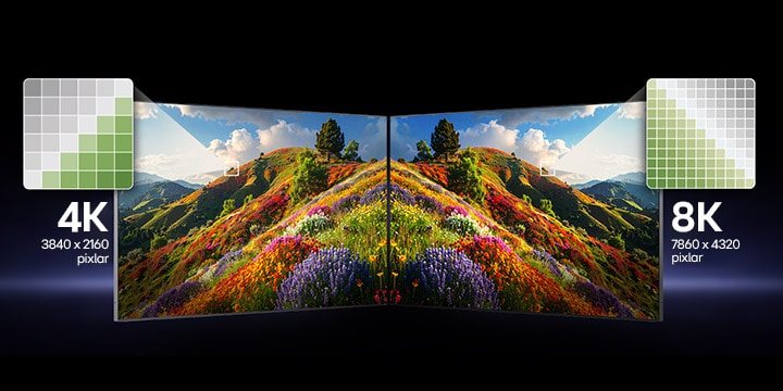 LG TV med 4K-upplösning visar skarp klarhet när två skärmar sida vid sida jämför 4K- och 8K-bilder, vilket framhäver skarpa detaljer och förfinade texturer samtidigt som 4K visas som det smartare valet för vardaglig visning.