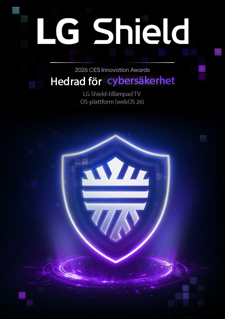 LG AI TV med LG Shield-tillämpad TV OS-plattform erkänns vid 2026 CES Innovation Awards som en Cybersecurity Honoree, representerad av en glödande sköldikon med lila ljus.