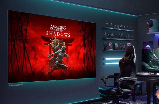 LG Gallery+ visar konstverket "Assassin's Creed Shadows" från Ubisoft på en väggmonterad skärm. Detta presenteras i ett mörkt, uppslukande spelrum som en del av TV:ns konstvisningsläge. LG Gallery+ visar konstverket "Assassin's Creed Shadows" från Ubisoft på en väggmonterad skärm. Detta presenteras i ett mörkt, uppslukande spelrum som en del av TV:ns konstvisningsläge.