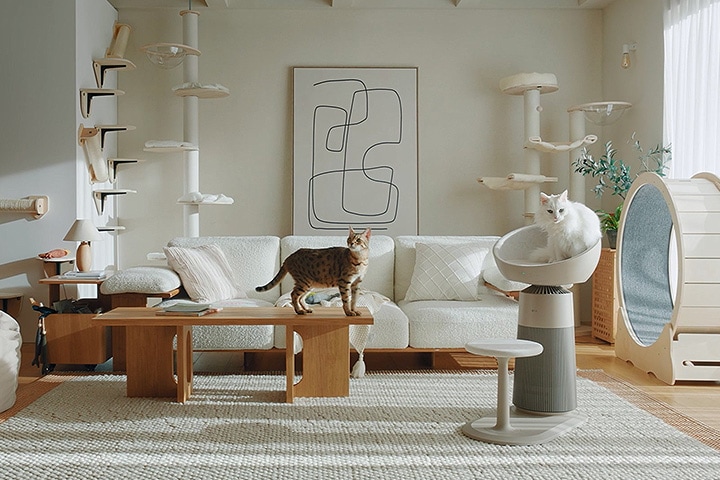 Cat resting on the LG AeroCatTower air purifier