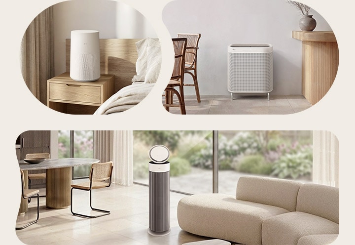 Shows air purifiers placed in a bedroom, children's room, and living room to suit different home spaces.