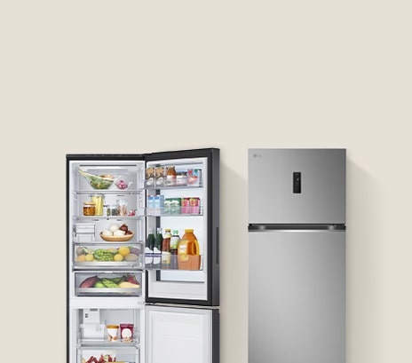 The left side shows a black LG refrigerator freezer with an open door, neatly organized food and drink, and the right side shows a closed 1-door freezer.