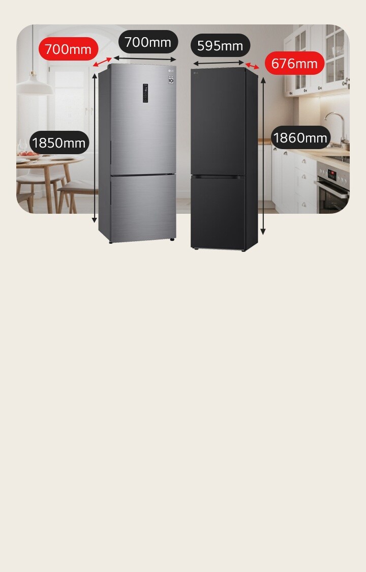 A compact LG refrigerator freezer with a blue-lit transparent door, next to it is a 1-door refrigerator with closed doors. Behind the refrigerator is a white-tone modern kitchen.