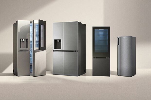 Three LG fridge freezers in sunlight. The left slim fridge has a transparent door with green-lit shelves inside. Next to it are Multi-Door and American Style models.