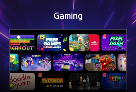 Gaming interface features a colorful design, displaying a selection of casual games available on LG TV with the Gaming title displayed at the top.