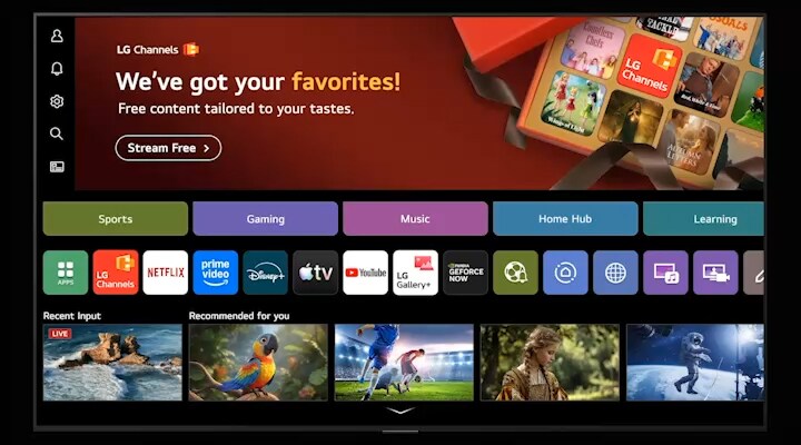 The home screen of LG Channels displays various categories on an LG TV, including 'Sports,' 'Gaming,' 'Music,' 'Home Hub,' and 'Learning,' along with sections for recommended content for viewers.