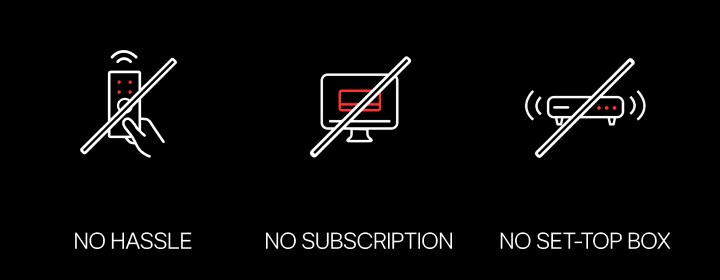 The image features three icons on a black background: a crossed-out remote labeled "NO HASSLE," a crossed-out computer labeled "NO SUBSCRIPTION," and a crossed-out set-top box labeled "NO SET-UP BOX"