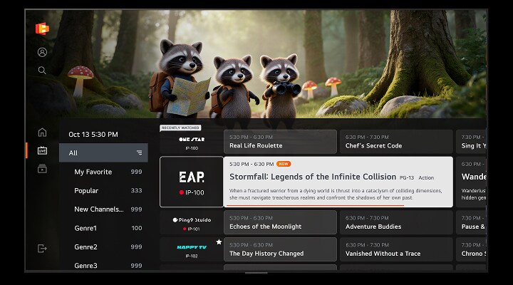 The LG Channels live TV interface features animated raccoon characters in a forest backdrop, displaying the current time and a channel guide that organizes shows along with their scheduled airtimes.