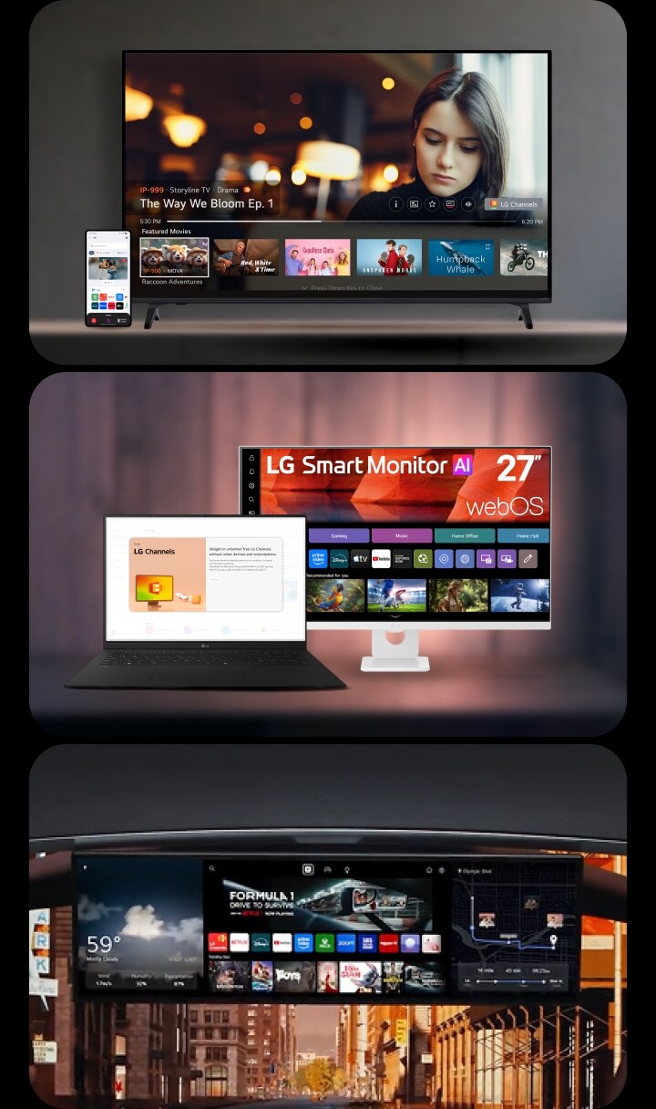The image shows that LG Channels can be viewed across devices: the first features an LG TV and smartphone, the second an LG Smart Monitor with a laptop, and the third an auto device in a car.