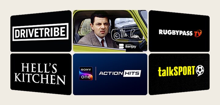 Six TV show thumbnails displayed on screen, representing a diverse selection of LG Channels, including sports, news, kids entertainment, and lifestyle programs.