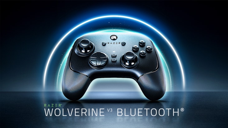 The image displays LG Razer Wolverine Bluetooth controller on a dark background, surrounded by a glowing blue circle, highlighting the product name prominently underneath.