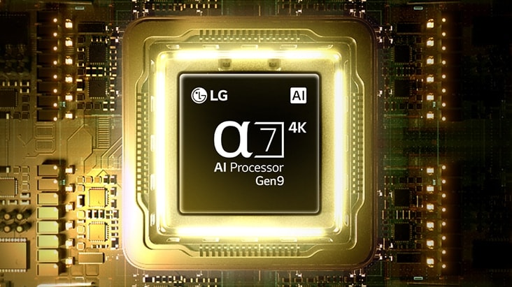 LG Gallery TV AI with frame LX7 ART TV Mini LED’s alpha 7 AI Processor 4K Gen9 glows at the center of a yellow circuit board, highlighting smarter, more powerful AI processing that enhances 4K image clarity with improved contrast and depth.