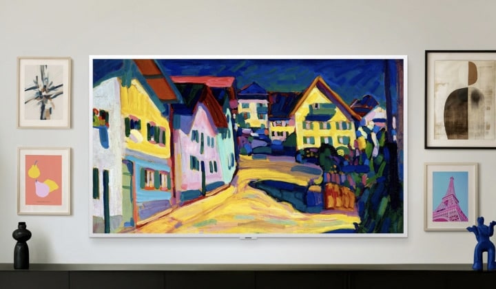 LG Gallery TV AI with frame LX7 ART TV featuring Gallery Design with Attachable Frame appears in three rooms, each wall-mounted with distinct artworks in varied interior styles within a Snow White frame, showing how it fits effortlessly into any room style.
