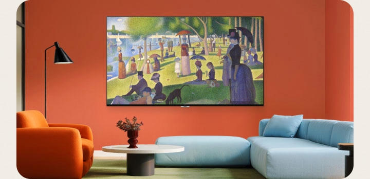 LG Gallery TV AI with frame LX7 ART TV featuring Gallery Design with Attachable Frame displays artwork on a red wall as a Snow White frame seamlessly appears around the screen, creating a gallery-like mood in a modern living room.