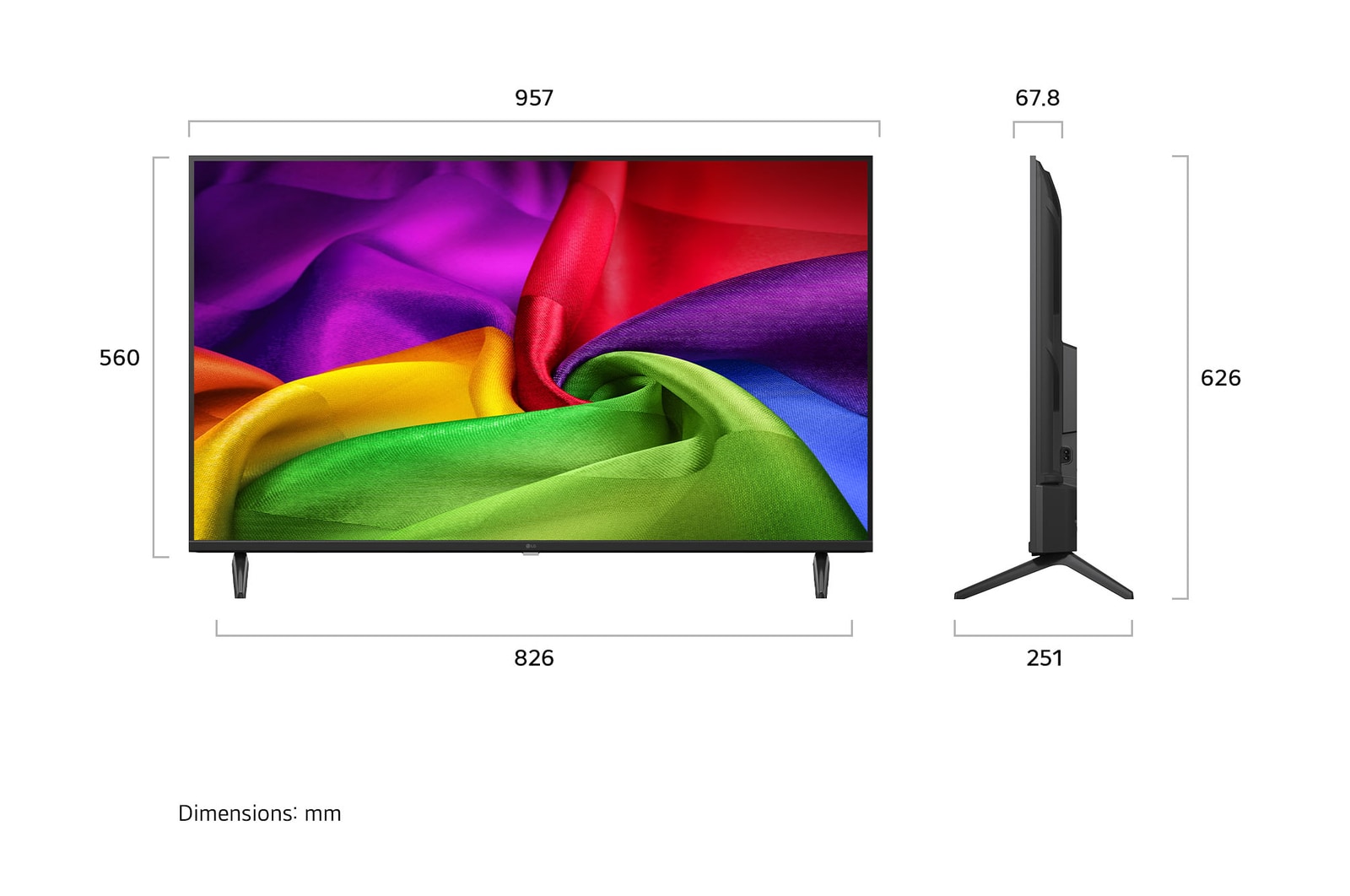 LG NANO 4K UHD AI NU80 shown in front and side views highlights a 43-inch display with a 957 mm-wide screen, 560 mm screen height, 626 mm height with stand, a 67.8 mm profile depth, and a stand footprint measuring 826 by 251 mm.