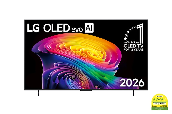 The front view of LG OLED evo AI C6, released in 2026, features a slim black bezel, with a vivid, sculpted swirl of layered rainbow tones flowing across the screen.