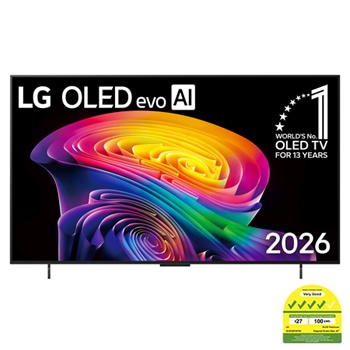 The front view of LG OLED evo AI C6, released in 2026, features a slim black bezel, with a vivid, sculpted swirl of layered rainbow tones flowing across the screen.