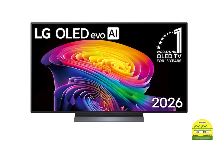 The front view of LG OLED evo AI C6, released in 2026, features a slim black bezel, with a vivid, sculpted swirl of layered rainbow tones flowing across the screen.