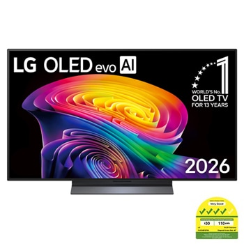 The front view of LG OLED evo AI C6, released in 2026, features a slim black bezel, with a vivid, sculpted swirl of layered rainbow tones flowing across the screen.