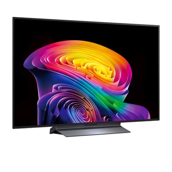 LG OLED evo AI C6 shown in front and side views highlights a 55-inch display with a 1222 mm-wide screen, an overall height of 703 mm, and an ultra-slim 45.1 mm depth without a stand.