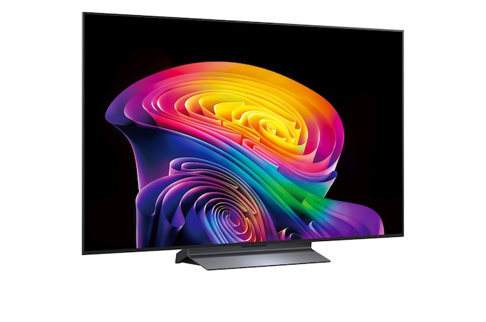 LG OLED evo AI C6 shown in front and side views highlights a 55-inch display with a 1222 mm-wide screen, an overall height of 703 mm, and an ultra-slim 45.1 mm depth without a stand.