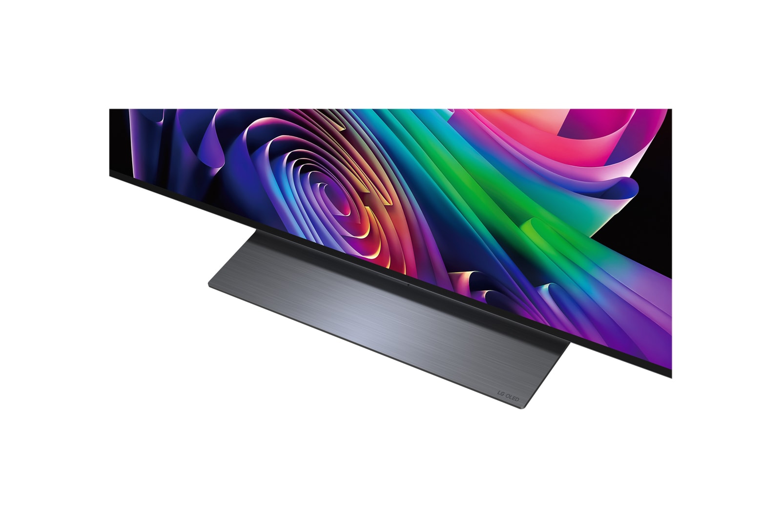 LG OLED evo AI C6 is wall-mounted in a styled living space, featuring an ultra-slim design with narrow bezels, and it displays a riverside cityscape at sunset on screen.