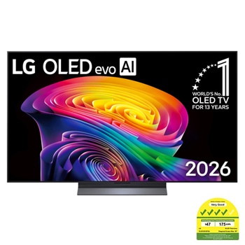 The front view of LG OLED evo AI C6, released in 2026, features a slim black bezel, with a vivid, sculpted swirl of layered rainbow tones flowing across the screen.
