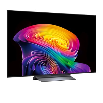 LG OLED evo AI C6 shown in front and side views highlights a 55-inch display with a 1222 mm-wide screen, an overall height of 703 mm, and an ultra-slim 45.1 mm depth without a stand.