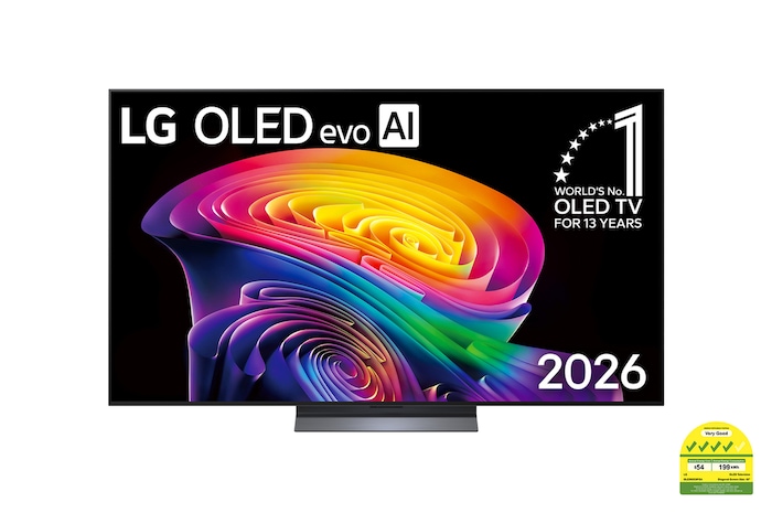 The front view of LG OLED evo AI C6, released in 2026, features a slim black bezel, with a vivid, sculpted swirl of layered rainbow tones flowing across the screen.
