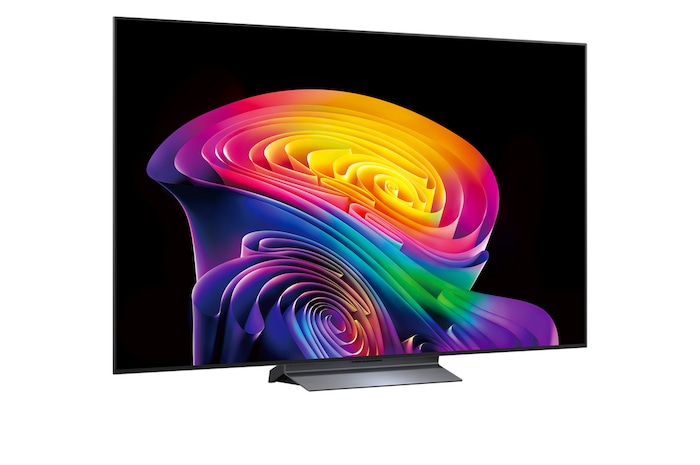 LG OLED evo AI C6 shown in front and side views highlights a 65-inch display with a 1441 mm-wide screen, an overall height of 826 mm, and an ultra-slim 45.1 mm depth without a stand.