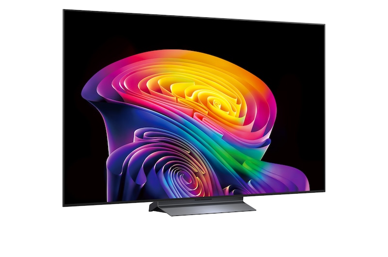 LG OLED evo AI C6 shown in front and side views highlights a 65-inch display with a 1441 mm-wide screen, an overall height of 826 mm, and an ultra-slim 45.1 mm depth without a stand.