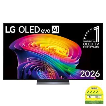 The front view of LG OLED evo AI C6, released in 2026, features a slim black bezel, with a vivid, sculpted swirl of layered rainbow tones flowing across the screen.